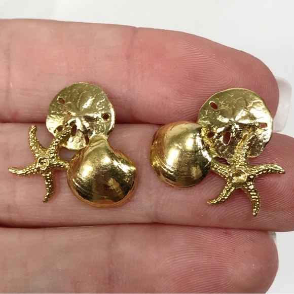 14K Gold Filled Sand Dollar Starfish Clam Shell Cluster Post Stud Earring Signed - Picture 7 of 15